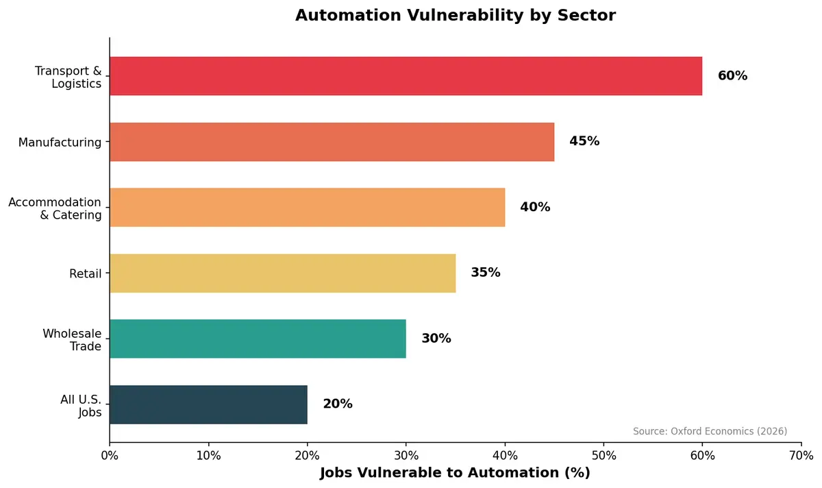 Automation vulnerability by sector showing transport and logistics at 60%
