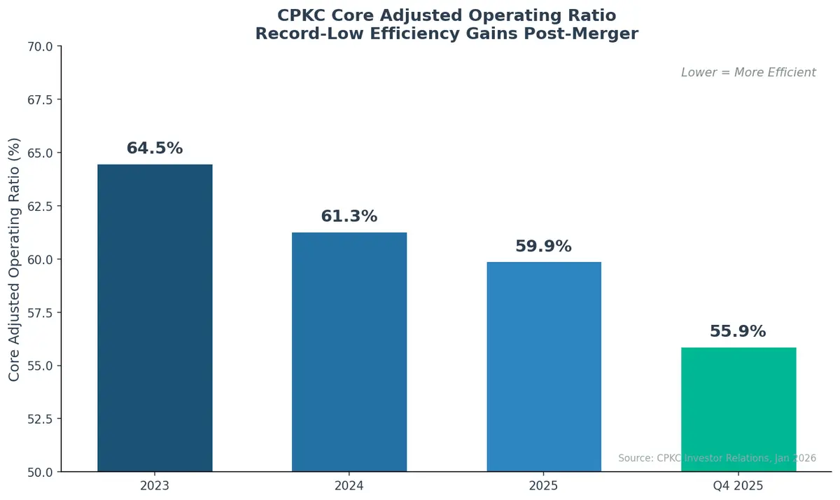 CPKC Core Adjusted Operating Ratio showing record-low efficiency gains from 64.5% in 2023 to 55.9% in Q4 2025
